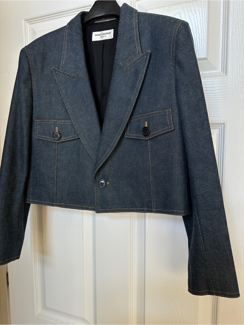 Saint Laurent Dark Blue Cropped Denim Blazer - Picture 3 of 16